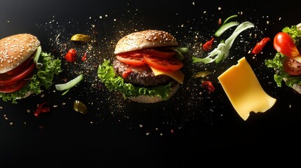 Aufkleber - Various burger ingredients like lettuce, tomatoes, cheese, and meat are scattered across a dark surface, showcasing vibrant colors. Generative AI
