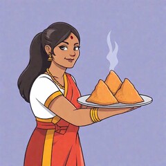 cartoon image illustration of Indian woman holding Samosa against background for copy space