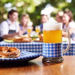 Wall Mural - close-up image of a traditional Bavarian table setting, complete with a beer stein, pretzel, and blue-and-white checkered napkins. The rack focus transitions from the table to the lively festival