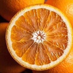 Wall Mural - detailed close-up of an orange's segments, showing the juicy interior in sharp focus from above while the peel and background gently blur out