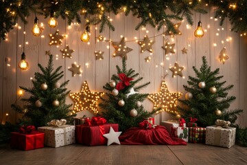 Christmas festive scene with decorations. Merry Christmas and Happy New Year holiday background