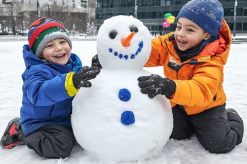 Group of children are posing with a snowman. They are all smiling and seem to be having a good time. Children joyfully building a snowman in a snowy park with holiday decorations in the background