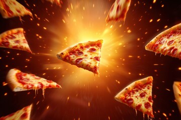 Poster - Large slices of pizza soar through the air, creating a lively scene that invites excitement and interaction in the center. Generative AI