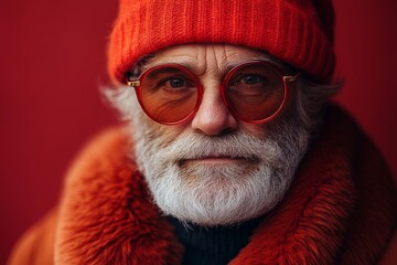 Canvas Print - Man with a beard and white hair wearing a red hat and scarf. He looks sad Concept of old men's health, self care, fashion and beauty, healthy. copy space