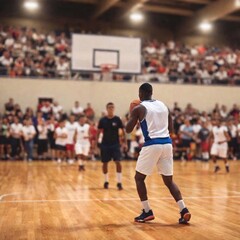 Wall Mural - A full shot of a basketball court during a game, captured from eye level with deep focus. The image shows players in mid-action, with the ball soaring toward the hoop and the crowd cheering in the