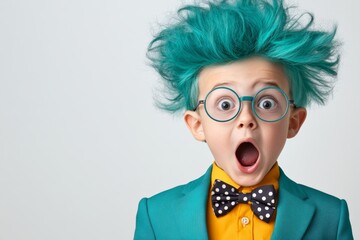 Young boy with green hair and glasses is wearing a suit and bow tie. quirky, eccentric child with a shocked expression. child has wild, green hair sticking up, round glasses, a surprised open mouth.