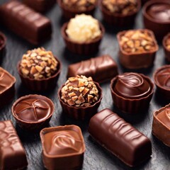 Wall Mural - A close-up from above of an assortment of chocolate truffles with various toppings, with the truffles in sharp focus and the background softly blurred, capturing the luxurious and varied textures