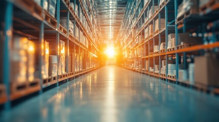 Sunlit warehouse aisle with shelved goods