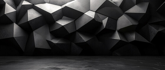 Wall Mural - abstract geometric black and gray wall background with empty floor space, abstract geometric black a