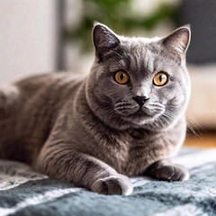 Wall Mural - British Shorthair urled up on a blanket, close-up on its relaxed face and fur in sharp focus, with the cozy living room environment fading into a soft blur