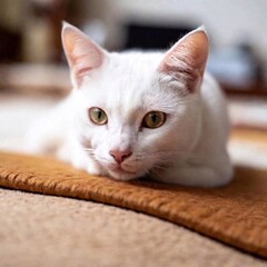 Wall Mural - white cat curled up on a blanket, close-up on its relaxed face and fur in sharp focus, with the cozy living room environment fading into a soft blur