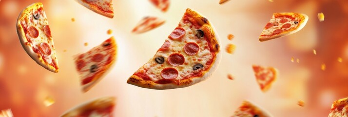 Poster - Slices of pepperoni pizza soar diagonally, creating a lively atmosphere while leaving room for your favorite text in the center. Generative AI
