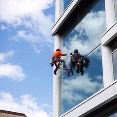 A photo of two construction workers installing windows on a high-rise building, with safety gear and ropes visible