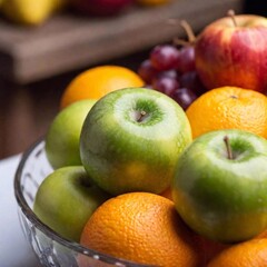 Canvas Print - extreme close-up of a bowl filled with mixed fruits such as oranges, grapes, and apples, using rack focus to create a sharp detail on one fruit with the others blurred in the background