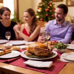 Generate an image of a Polish Christmas Eve (Wigilia) family gathering in a full shot, using a Dutch angle and shallow focus. Highlight the festive table and the interactions between Caucasian male