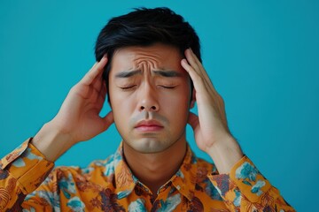 Eye Discomfort. Asian Man Feeling Ache and Disappointed, Wearing Casual Attire on Blue Background