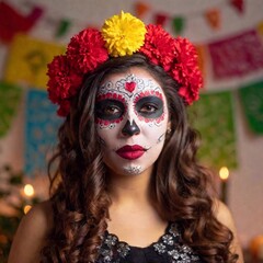 An eye-level shot of a young Latina woman with shimmering sugar skull face paint, her hair flowing, set against a backdrop of candles and papel picado, with shallow focus on her expressive eyes