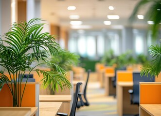 Modern office interior with plants and natural light.