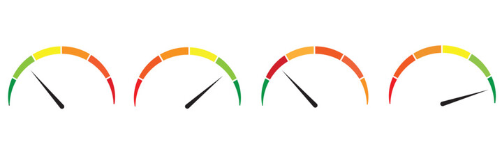 risk concept on speedometer, set of gauges from low to high