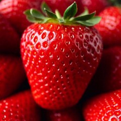 Canvas Print - close-up of a strawberry with its seeds and texture highlighted, while the rack focus blurs out the background and other strawberries to create depth