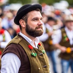 extreme macro portrait man on Munich Oktoberfest parade. The rack focus, with the festive background blurred at eye level.