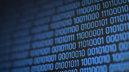 Close up of computer screen with blue 0 and 1 digits moving on black background. Flow of information using binary code, programming, coding concept