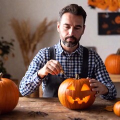 happy young man in halloween costume making pumpkin for carving