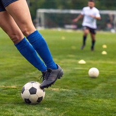 Wall Mural - Macro shot of a female soccer player's foot as it makes contact with the ball, with deep focus extending to the full field and players from various ethnic backgrounds engaged in the game