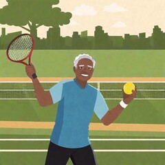 A vibrant and energetic portrait of a senior male tennis player of multiracial descent, with grey hair, in the midst of a powerful serve. The background shows a bustling tennis court, adding a sense