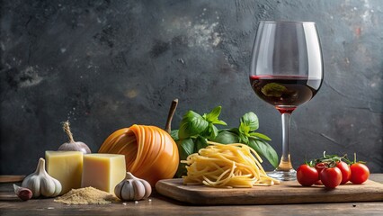 Wall Mural - Preparing minimalist dinner of noodles, cheese, tomato, garlic, and a glass of wine