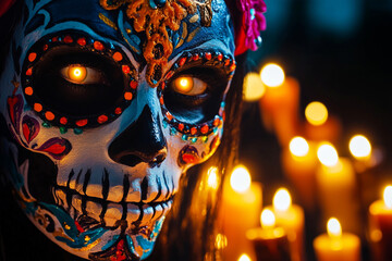 Close-up of Santa de Muerte's skeletal face adorned with intricate, colorful face paint, with glowing candles in the background.