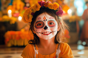 Portrait of a young child with colorful Sugar Skull makeup, wearing a small floral crown, smiling innocently in front of a festive Di­a de los Muertos altar.