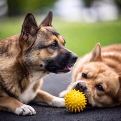 Wall Mural - A close-up photo of a dog and cat playing with a toy, deep focus, eye-level shot capturing their playful expressions and fur details, creating an engaging and lively portrait