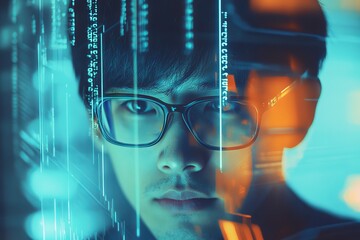 Coder coding and man with focus, holograms and trading with cyber security, futuristic and research. People with data analysis, server or investment information with website information.