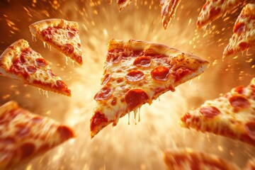 Pepperoni pizza slices soar diagonally, creating a lively atmosphere while providing an ideal space for additional text overlay. Generative AI