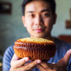 A man holding a cake in hands, blurred background, extreme close up