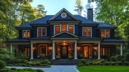 Wall Mural - A large house with a black roof and white trim