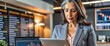 © Alex Pios - Latin mature adult professional business woman looking at online trade app. European businesswoman CEO holding digital tablet using tab application standing at workplace in office. Banner, copy space