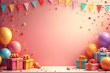 Holiday illustration. Festive scene with a pink wall adorned with colorful balloons and confetti, and two tables filled with gift boxes and balloons.