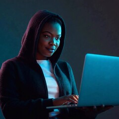 portrait of young woman using laptop at night