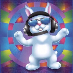 A cool cartoon rabbit wearing sunglasses and headphones, dancing to music in a colorful disco