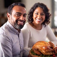 A Dutch angle, close-up photo with deep focus showing the joyful expressions of a middle-aged Middle Eastern couple during a Thanksgiving family gathering. Their faces are full of warmth