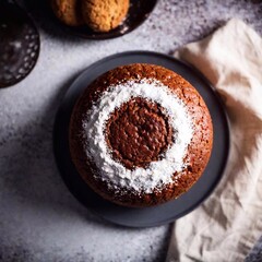 A top-down view of a rustic cake, with the cake in sharp focus and the surrounding kitchen setting and background gently blurred, highlighting the homemade charm of the cake