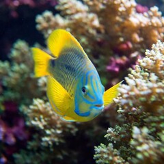 macro shot of a vibrant tropical fish swimming among colorful coral, capturing the intricate patterns on its scales and the fine details of the coral reef