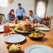 © LIGHTFIELD STUDIOS - Illustrate a Wigilia family gathering with a full shot taken from an eye-level perspective. Use deep focus to show the traditional Polish dishes including cabbage rollson the table and the family