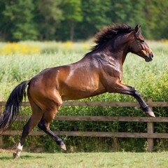 A full shot photo of a horse jumping over a wooden fence, soft focus creating a blurred background of grass and wildflowers, high angle shot showing the full body of the horse mid-jump, its muscles