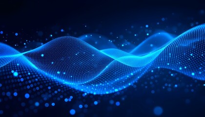 Fototapete - Wave of dots and weave lines. Abstract blue background for design on the topic of cyberspace, big data, and metaverse, on dark blue abstract cyberspace background. Network  security Wave of dots 