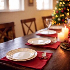 Christmas house a close-up of a table set for a Christmas dinner, with candles, plates, and holiday decorations in sharp focus, deep focus capturing the entire table setting, eye level shot, photo