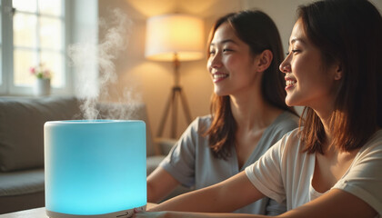 Wall Mural - Modern air humidifier during relax or rest, happy blurred asian young woman, girl enjoying aromatherapy steam scent from essential oil diffuser comfortable in living conditions room,apartment at home