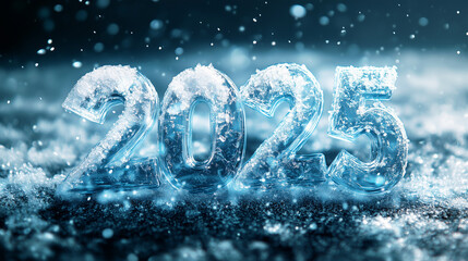 Poster - Ice glittery numbers 2025 , on a background of ice crystals and snow. New Year card